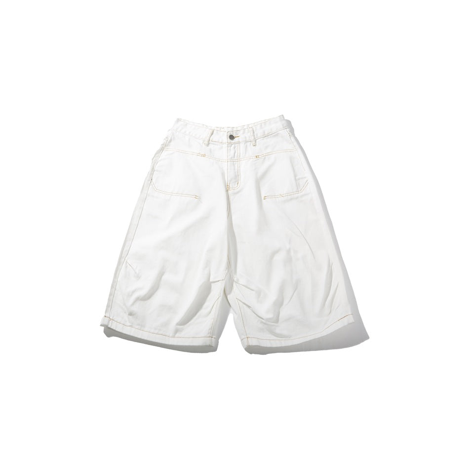 White wide-leg knee-length shorts with contrast stitching, button waistband and angled front pockets, flat lay