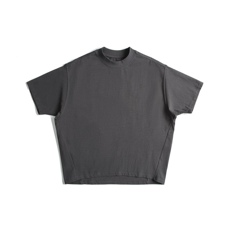 Gray short-sleeve T-shirt front view with high ribbed crew neck, dropped shoulders and curved hem