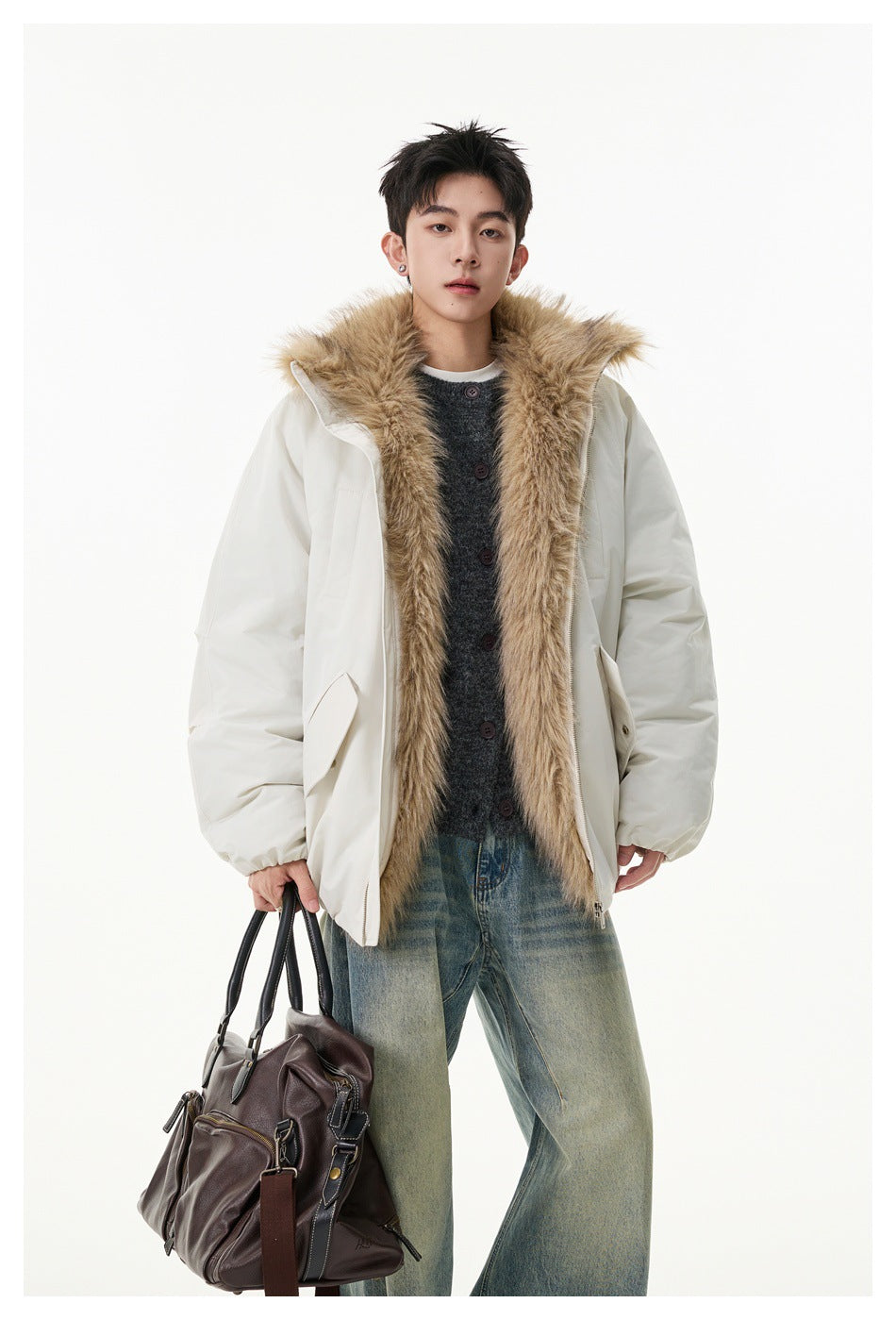 Model wearing an open ivory jacket with a long tan faux-fur collar and front pockets.