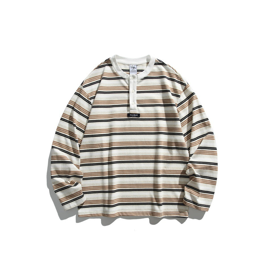 Khaki striped long-sleeve henley-style top with cream, tan and black stripes, flat lay front view
