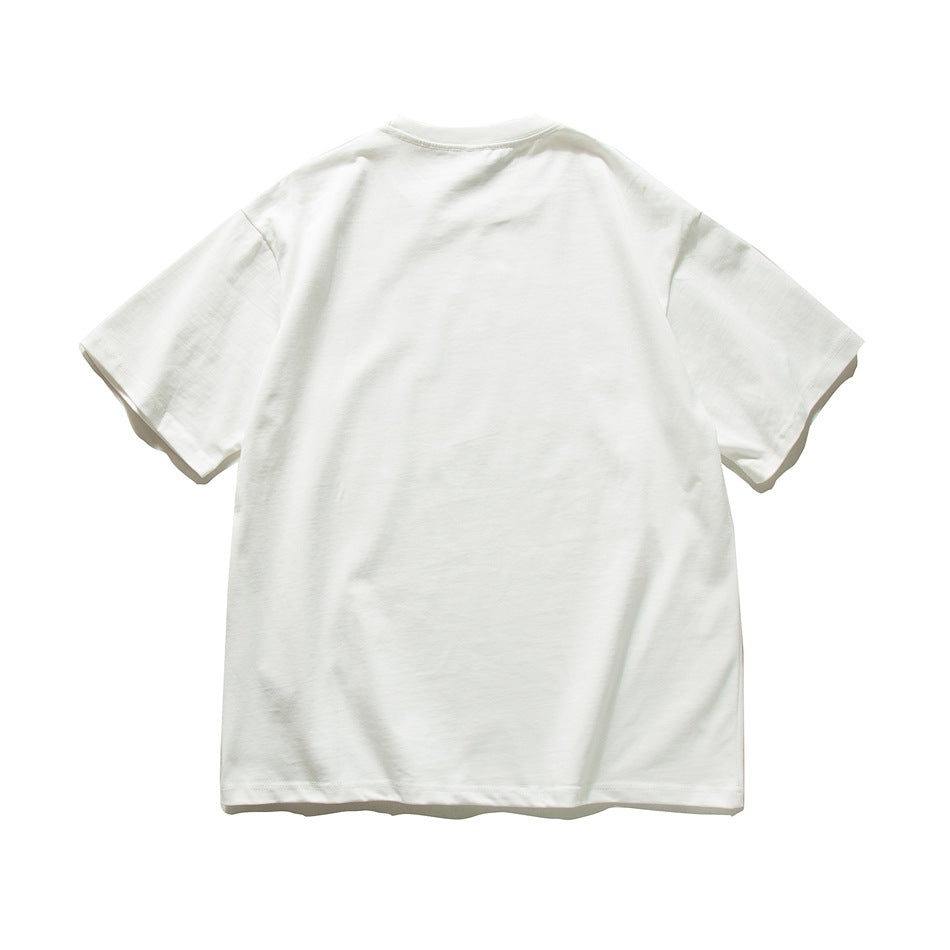Back view of a plain white short-sleeve crew-neck T-shirt with dropped shoulders, flat lay
