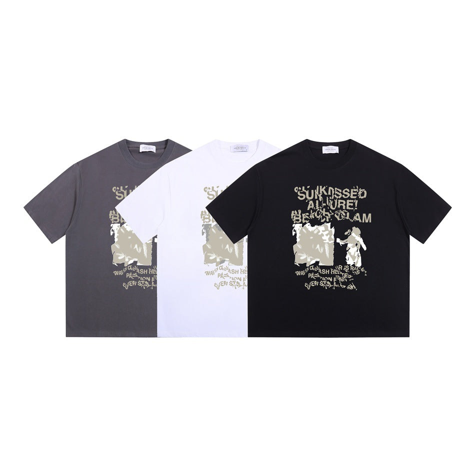 Three short-sleeve graphic T-shirts shown from the front in gray, white, and black.
