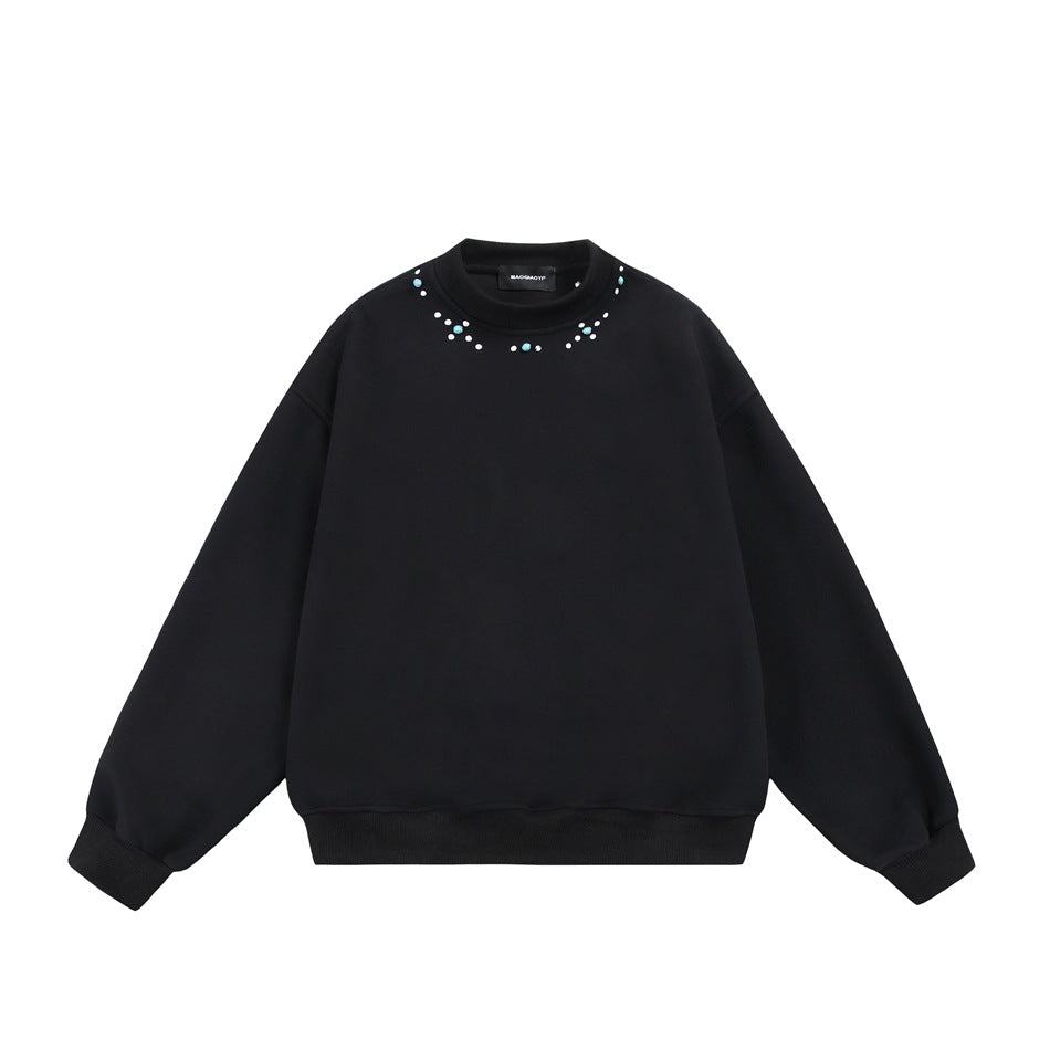 Black crewneck sweatshirt, front flat lay, with white and turquoise-colored bead accents around the neckline
