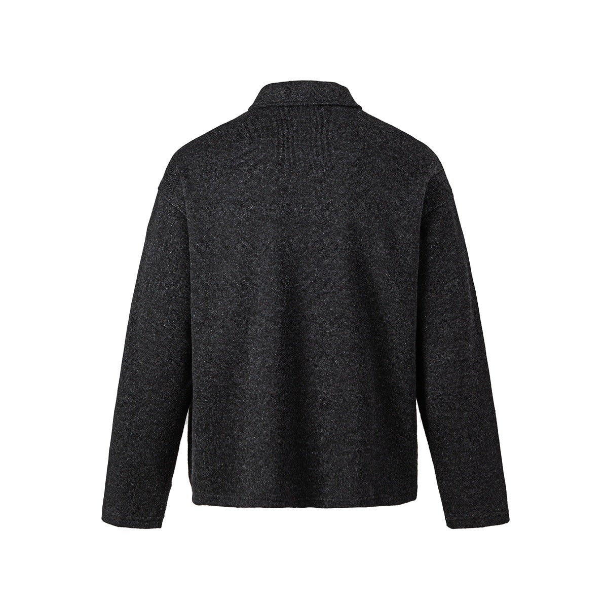Back view of a charcoal heathered long-sleeve collared pullover.