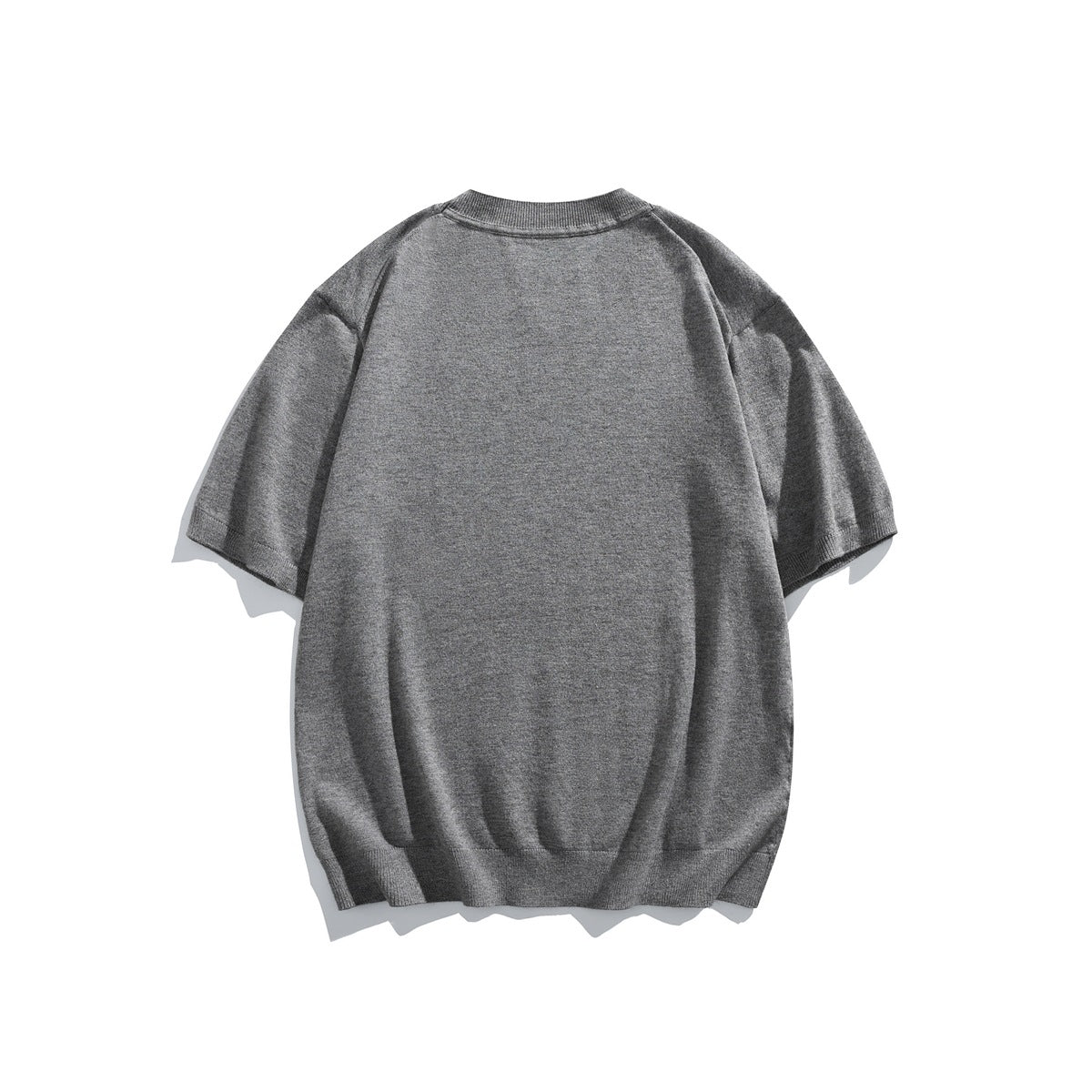 Back view of a plain heather-gray short-sleeve crew-neck knit sweater.