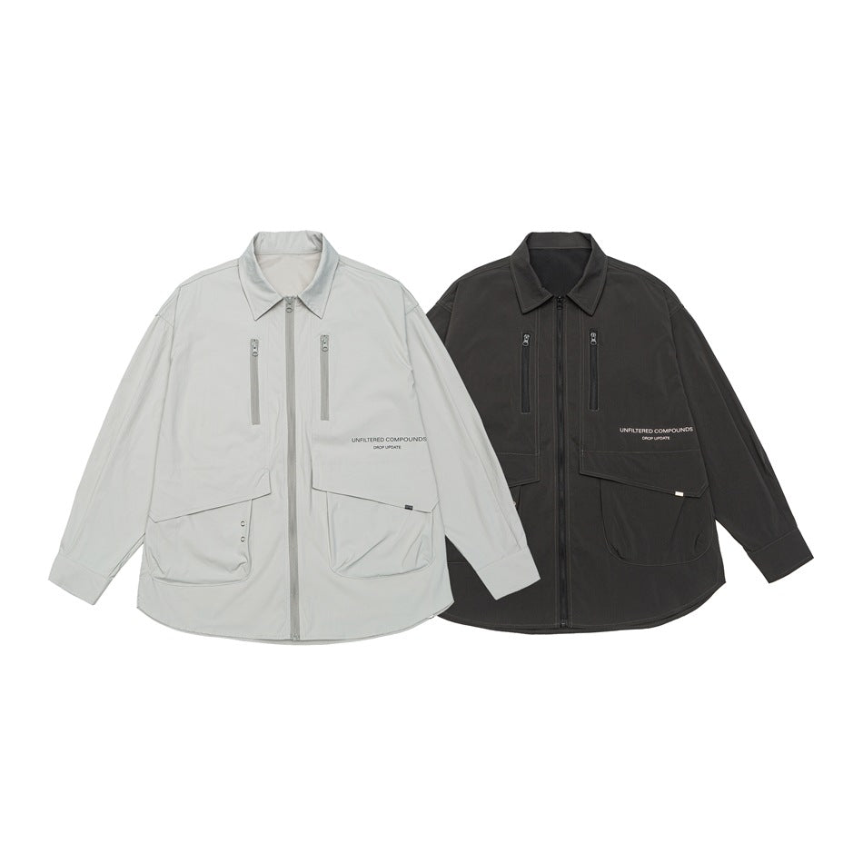 Light gray and black utility jackets shown side by side from the front.