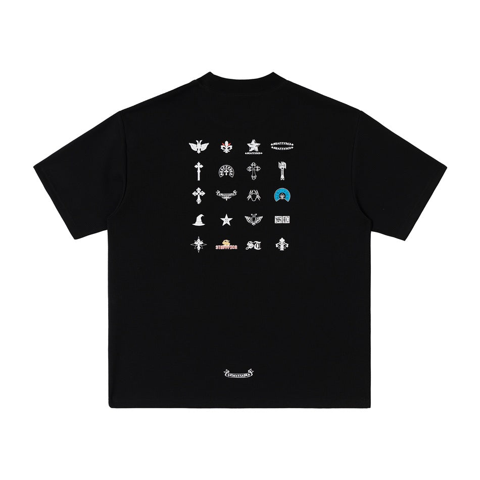 Black waffle-textured short-sleeve T-shirt, back view with grid of white and colored emblem prints