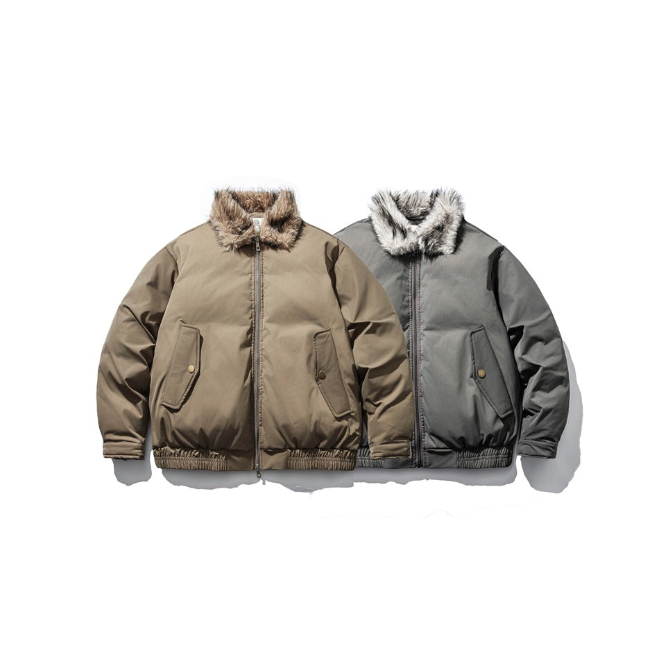 Two front-view jackets with faux-fur collars, shown in taupe and charcoal gray.