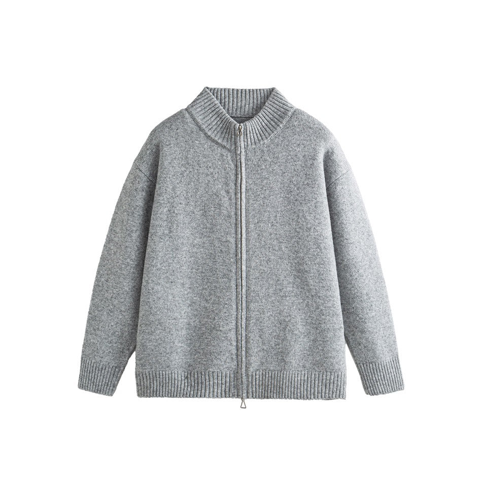Light gray heathered knit zip-up cardigan with ribbed stand collar, cuffs and hem, flat lay