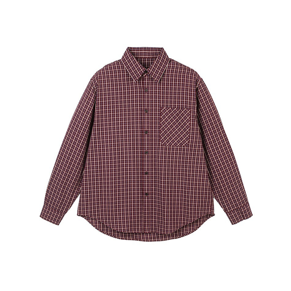 Dark red small-check long-sleeve button-up shirt with chest pocket, flat front view on white