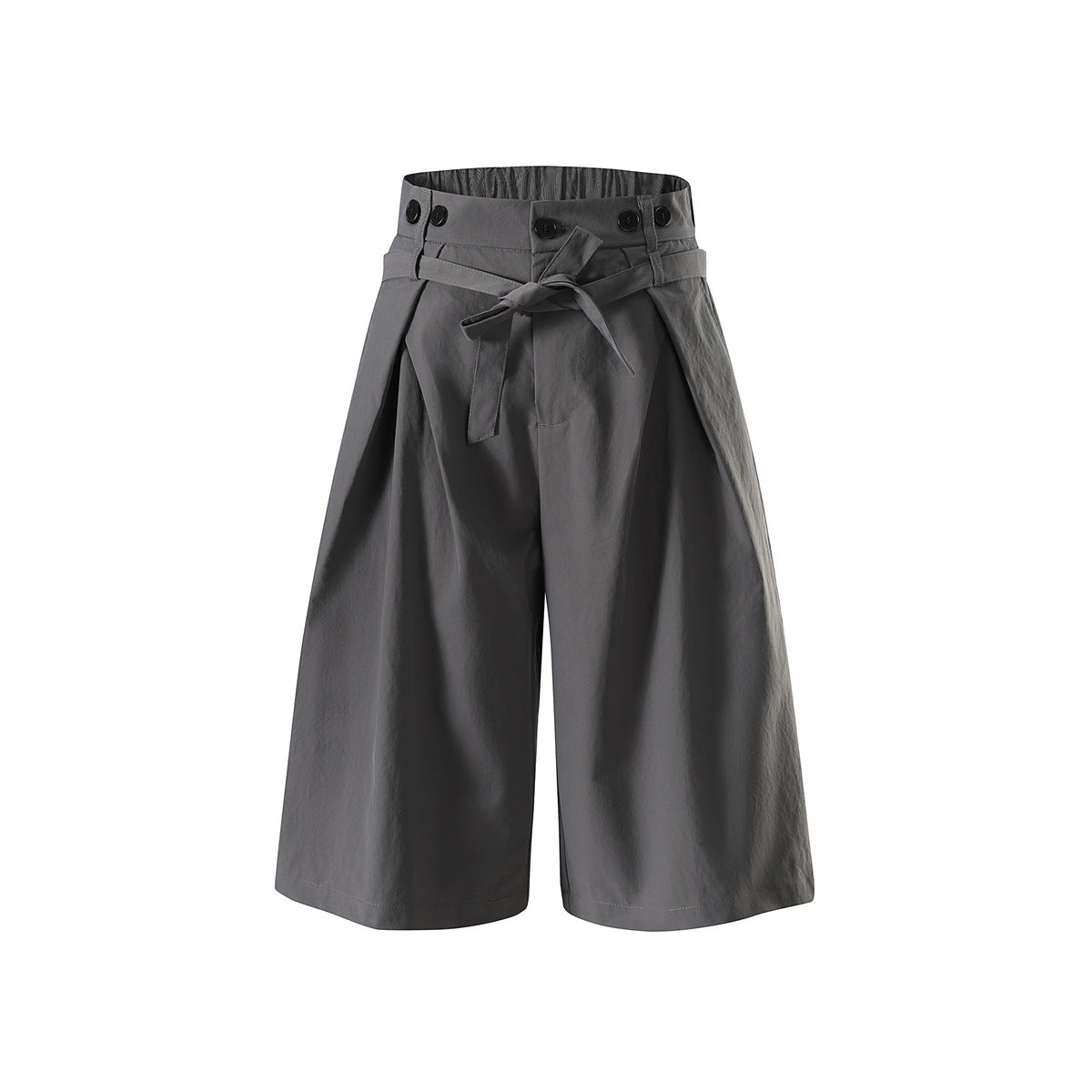 Dark gray wide-leg knee-length shorts with front pleats, button waist tabs and a tie belt, flat front view