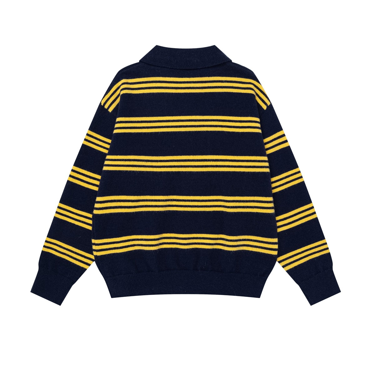 Back view of a navy long-sleeve knit polo sweater with yellow horizontal stripes and ribbed cuffs and hem.