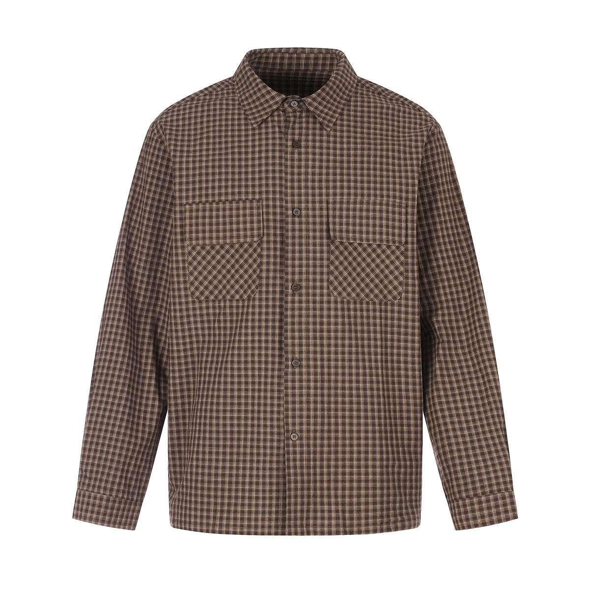 Brown and cream small-check button-up shirt with two chest flap pockets, laid flat, front view