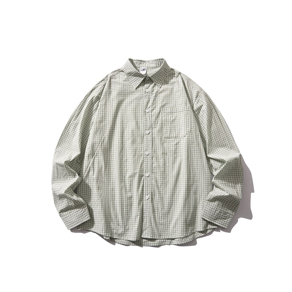 Light green small plaid long-sleeve button-up shirt with chest pocket, flat lay front view