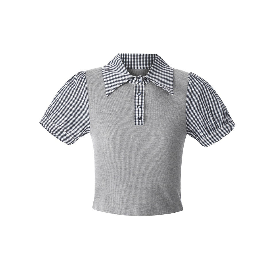 Heather gray ribbed cropped top with gingham collar, placket and puff sleeves, flat front view