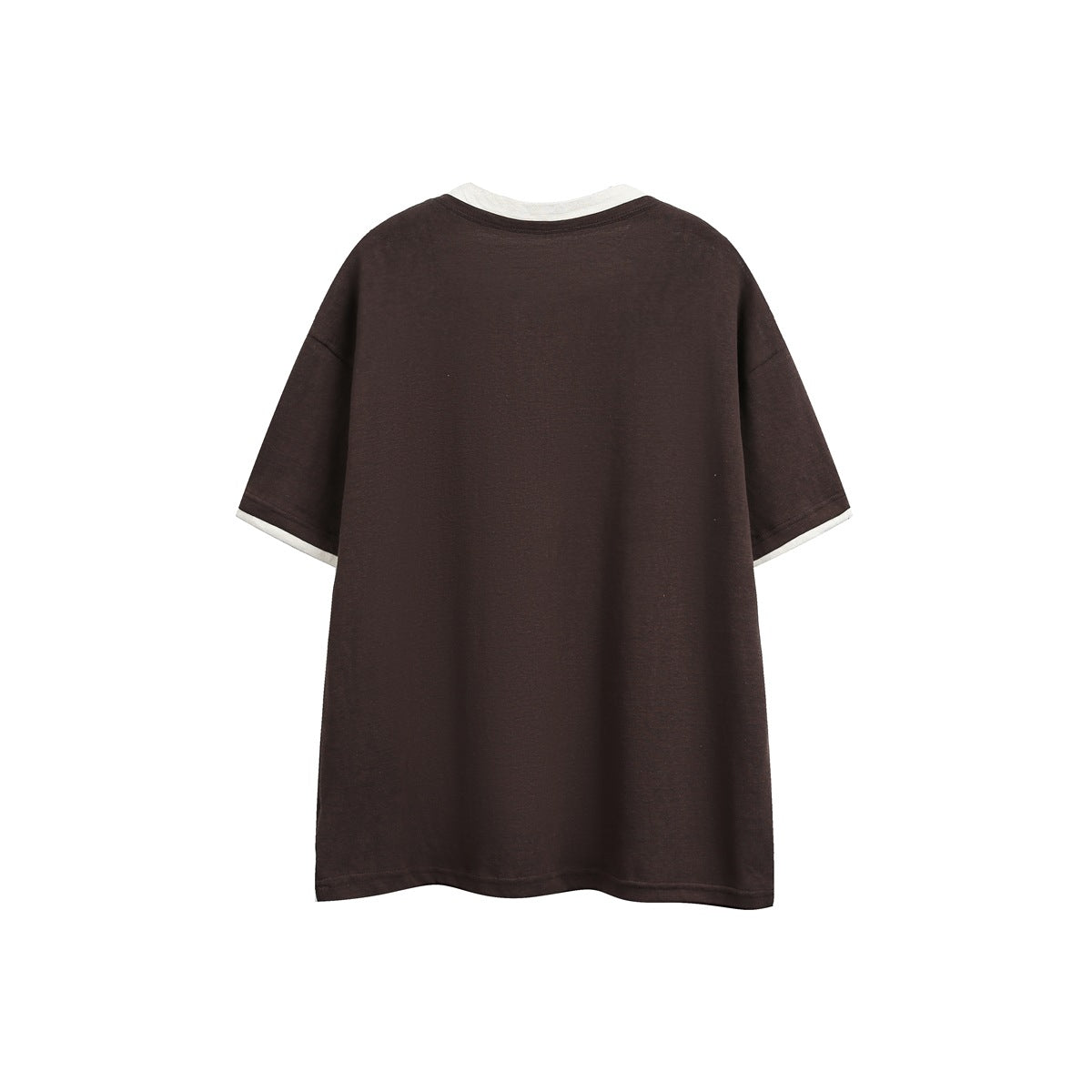 Back view of a dark brown short-sleeve shirt with cream trim at the neckline and sleeve hems.