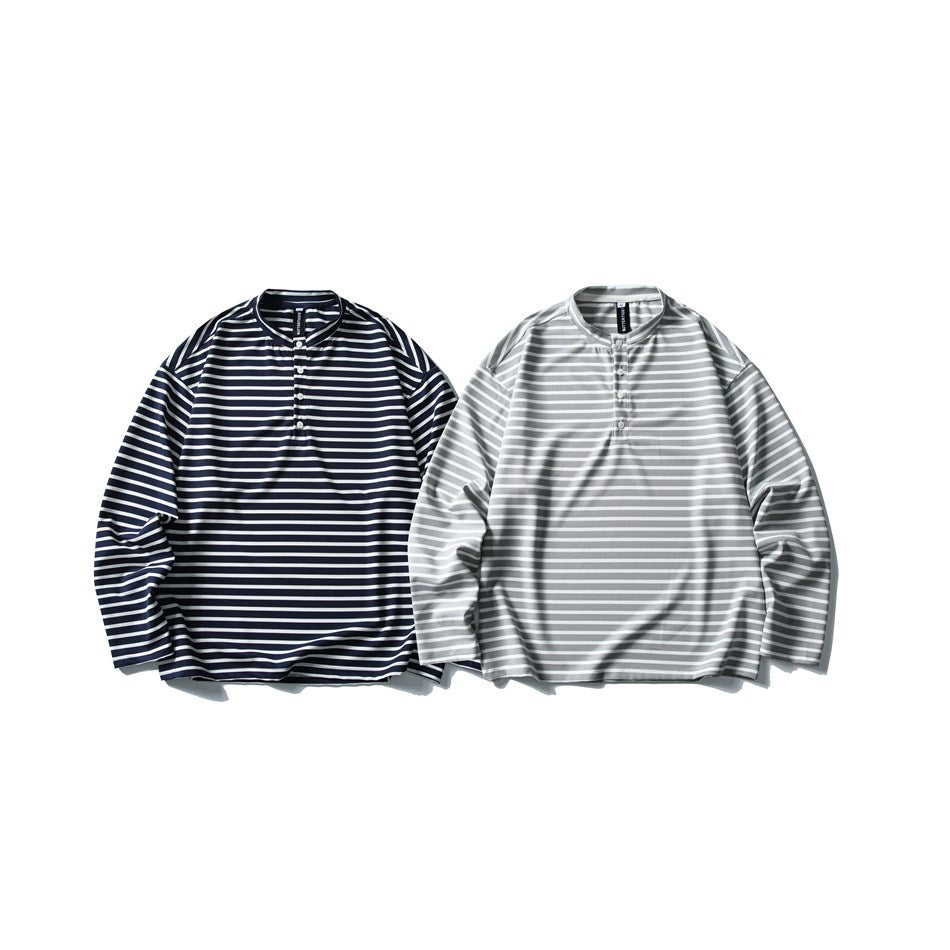 Two long-sleeve striped band-collar shirts shown from the front: one navy and white, the other gray and white.