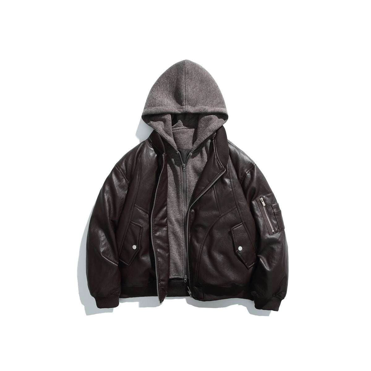 Brown faux-leather bomber jacket with gray hooded zip-front layer, ribbed trim and sleeve zip pocket, flat lay