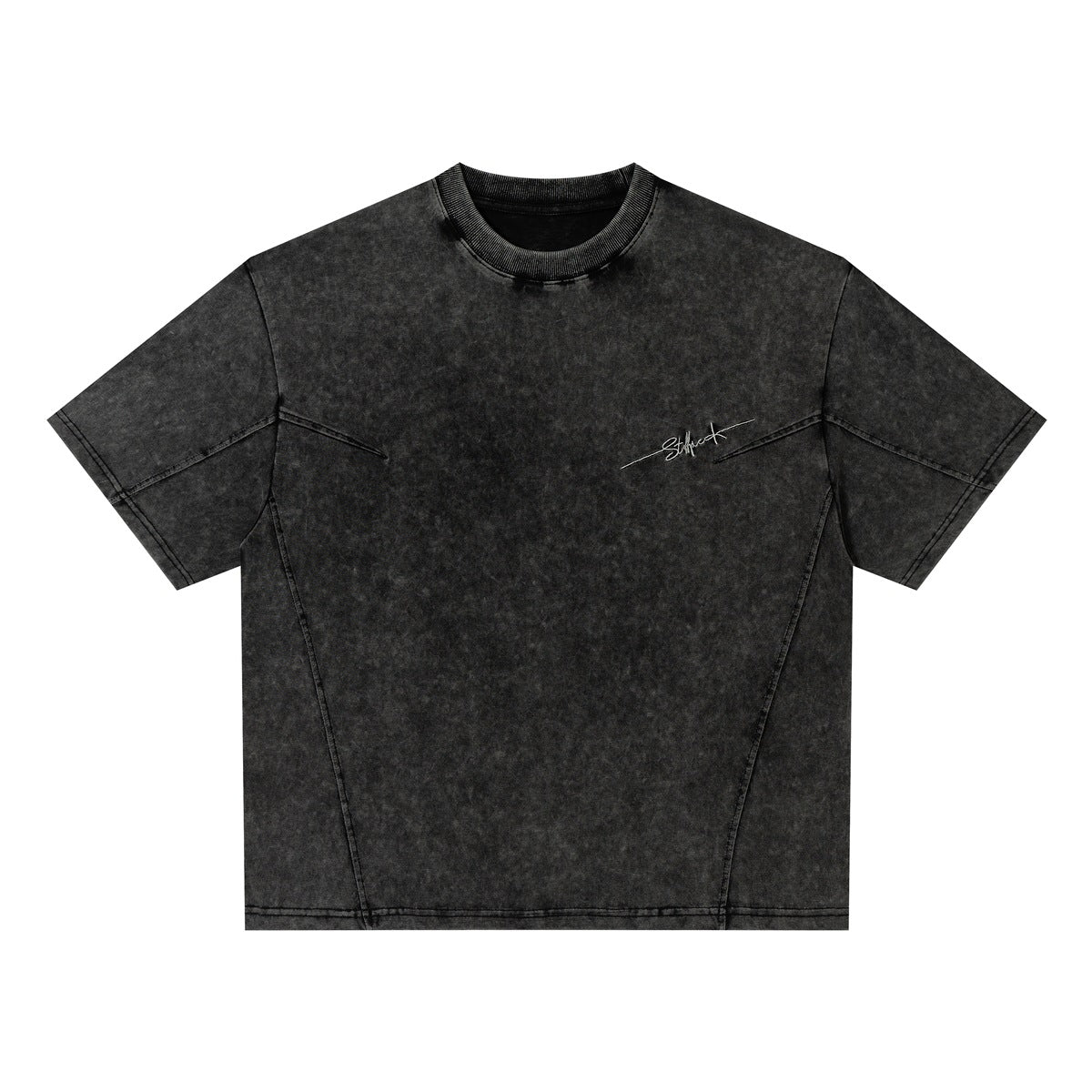 Black acid-wash short-sleeve crew-neck T-shirt with panel seams and small embroidered script on the chest