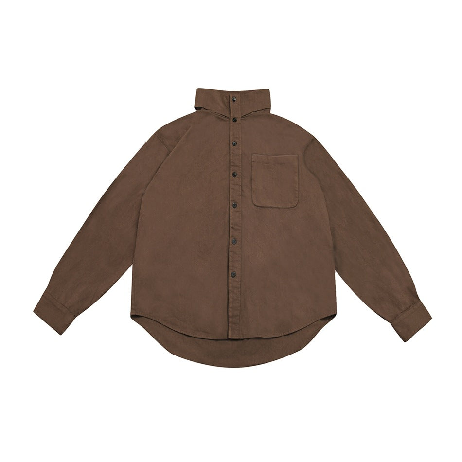 Brown long-sleeve button-up shirt, flat lay front view, with chest pocket, stand collar and curved hem