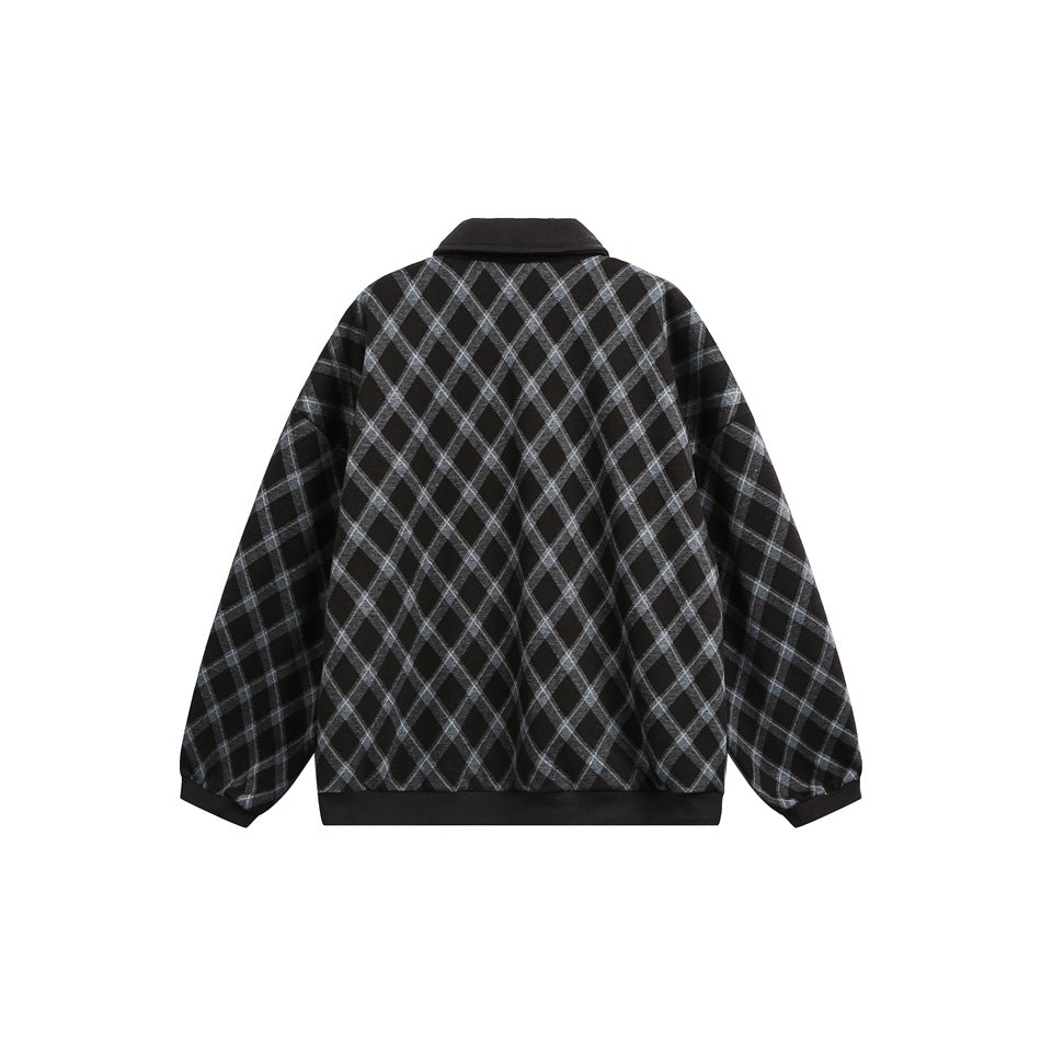 Back view of a black collared jacket with a gray diamond plaid pattern and solid black cuffs and hem.