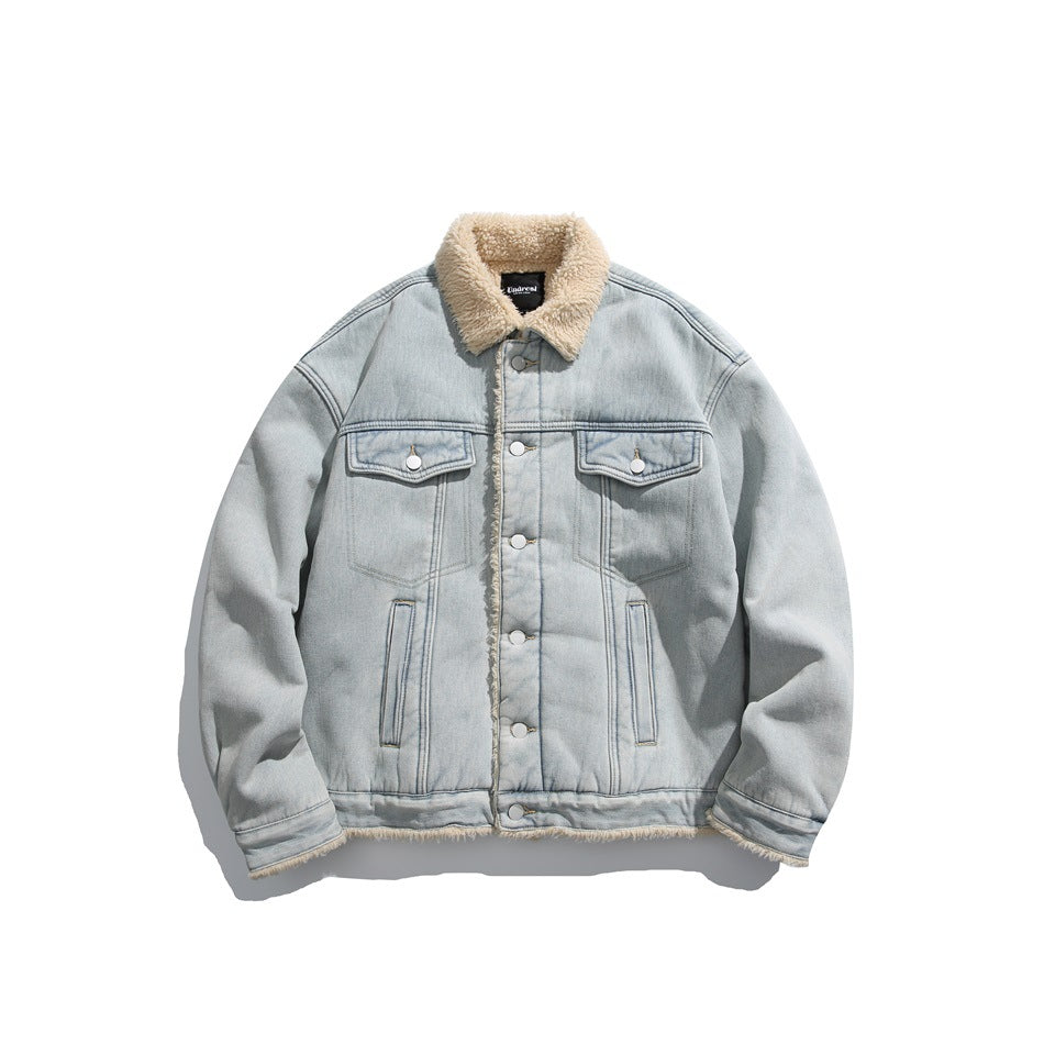 Light blue washed denim jacket with cream fleece collar, button front and chest flap pockets, flat lay front view
