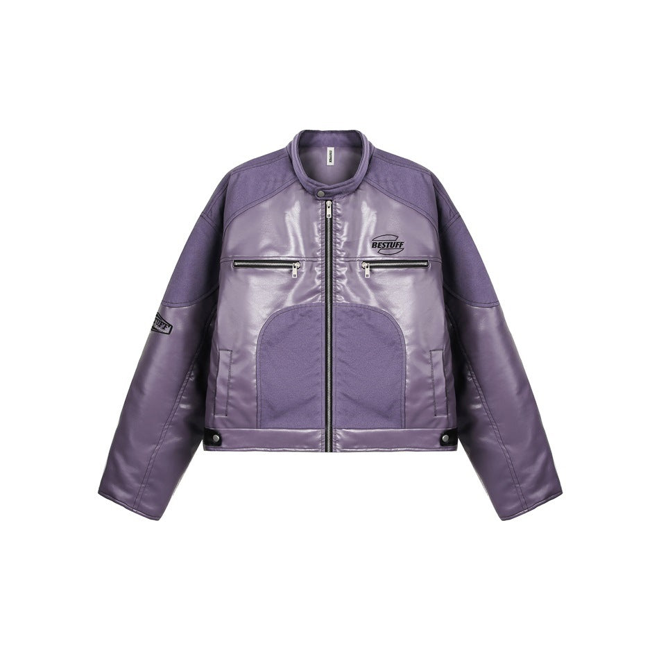 Front view of a lavender-purple jacket with a stand collar, central zipper, chest zip pockets and contrasting panels.
