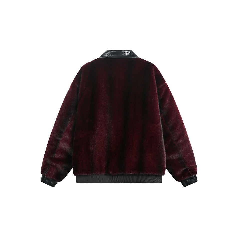 Back of a burgundy plush jacket with a black textured collar, buttoned cuffs, and ribbed hem.