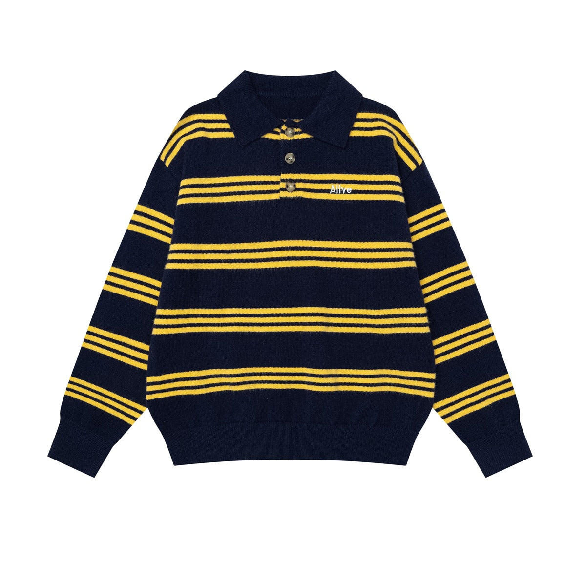 Navy knit polo sweater with yellow triple stripes, three-button placket and small white embroidered chest mark, flat lay