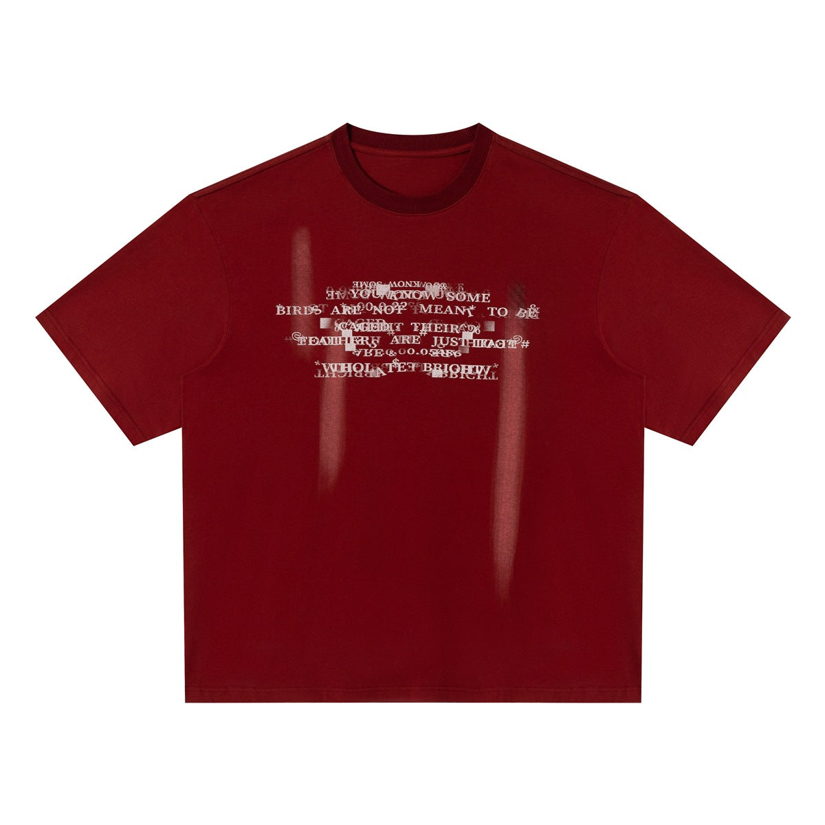 Red short-sleeve crew-neck T-shirt with distorted white text print and faded streaks, flat front view