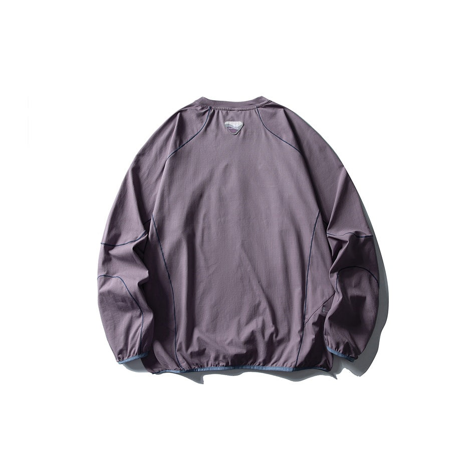 Back view of a muted mauve pullover with long sleeves, curved panel seams, and a small triangular patch at the neck.