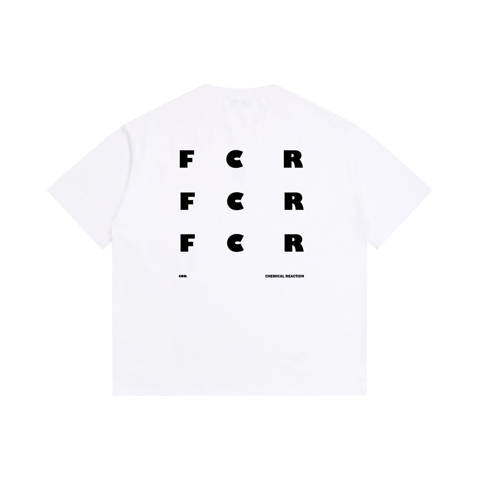 White short-sleeve T-shirt back with a black 3x3 grid of F C R letters and small text below