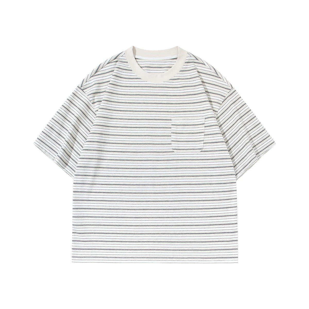 White and gray striped short-sleeve T-shirt with cream ribbed crew collar and chest pocket, flat front view