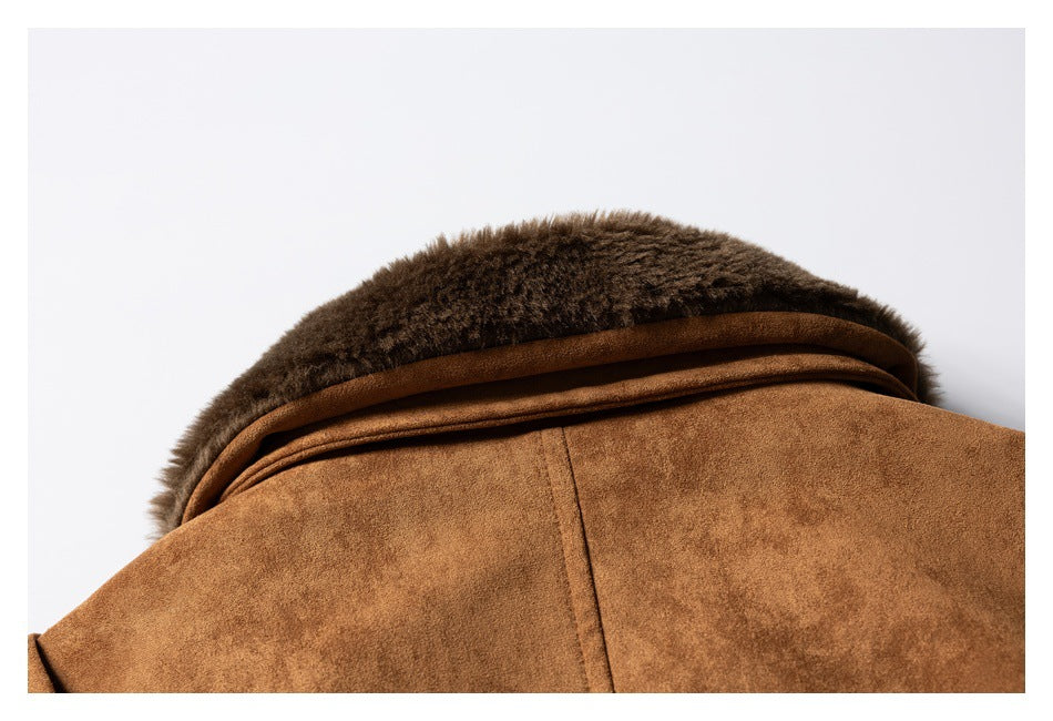 Close-up of the jacket's back and dark plush collar against a white background.