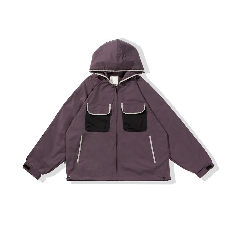 Dusty purple hooded zip jacket flat lay with black chest flap pockets and light gray trim
