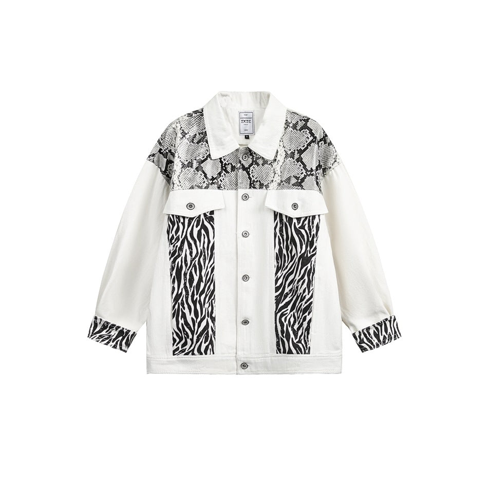 White button-front jacket with snake-print yoke, zebra-print front panels and zebra-print cuffs, flat front view