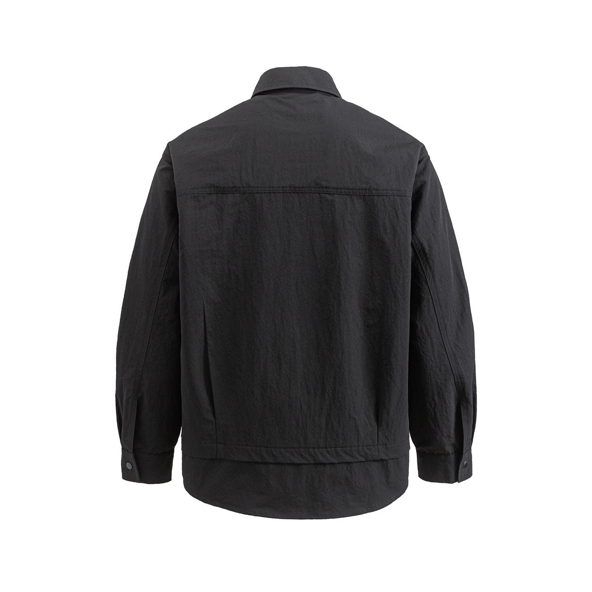 Back view of a black long-sleeve collared overshirt with button cuffs and a curved hem.