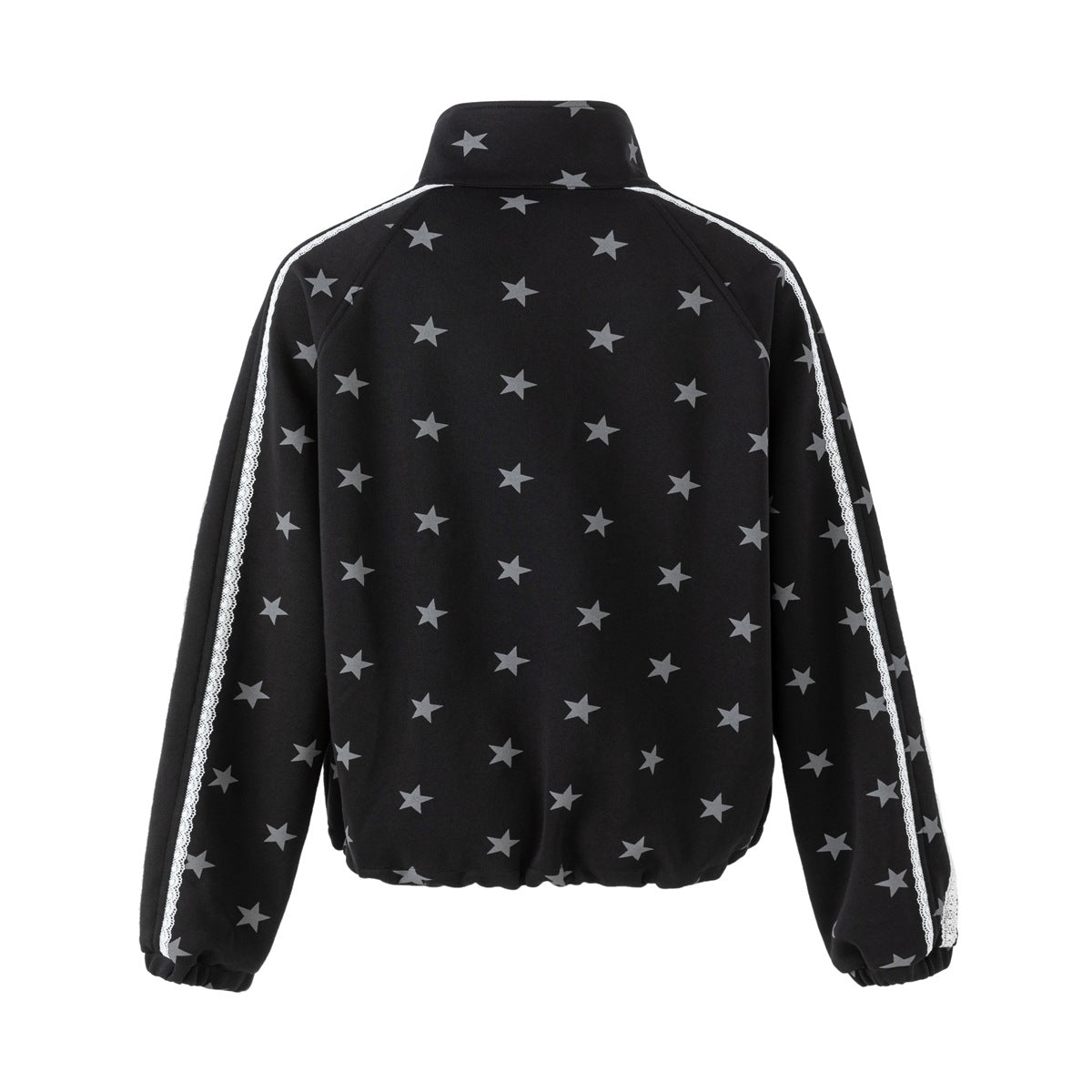 Back view of a black jacket with gray star print, white lace stripes down the sleeves and elastic cuffs and hem.