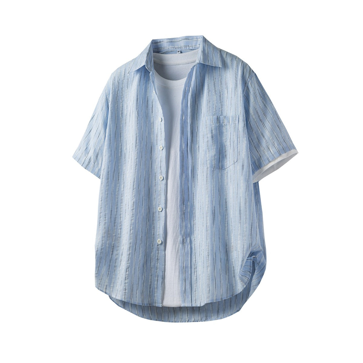 Light blue textured vertical-stripe short-sleeve button-up shirt worn open over a white tee, flat front view