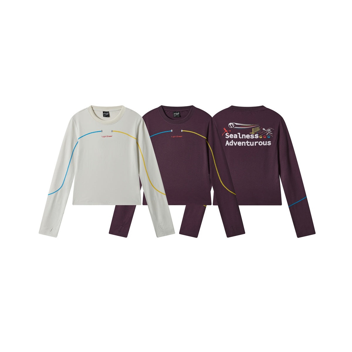 White and plum long-sleeve shirts shown from the front; the plum shirt’s back has a colorful sports graphic.