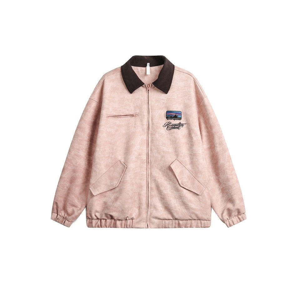 Pink zip-front jacket with dark brown corduroy-look collar, flap pockets, chest zip pocket and embroidered patch, flat lay