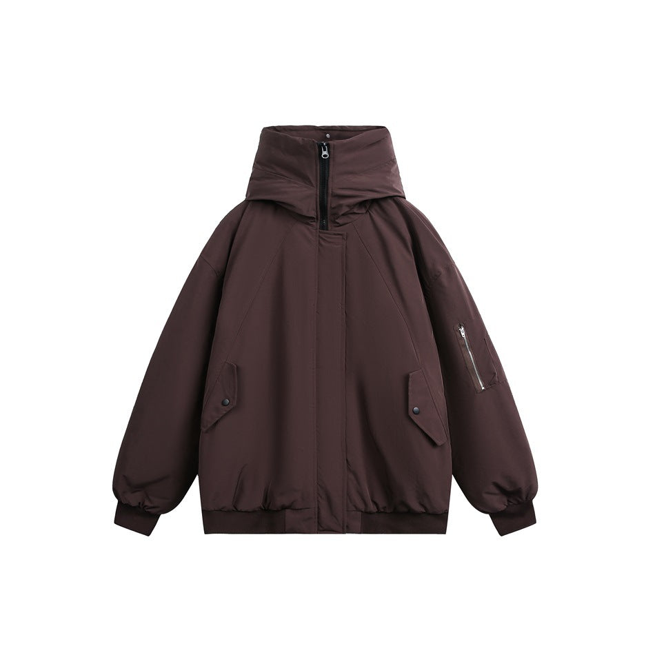 Front view of a dark plum hooded jacket with snap pockets, a sleeve zipper and ribbed cuffs.