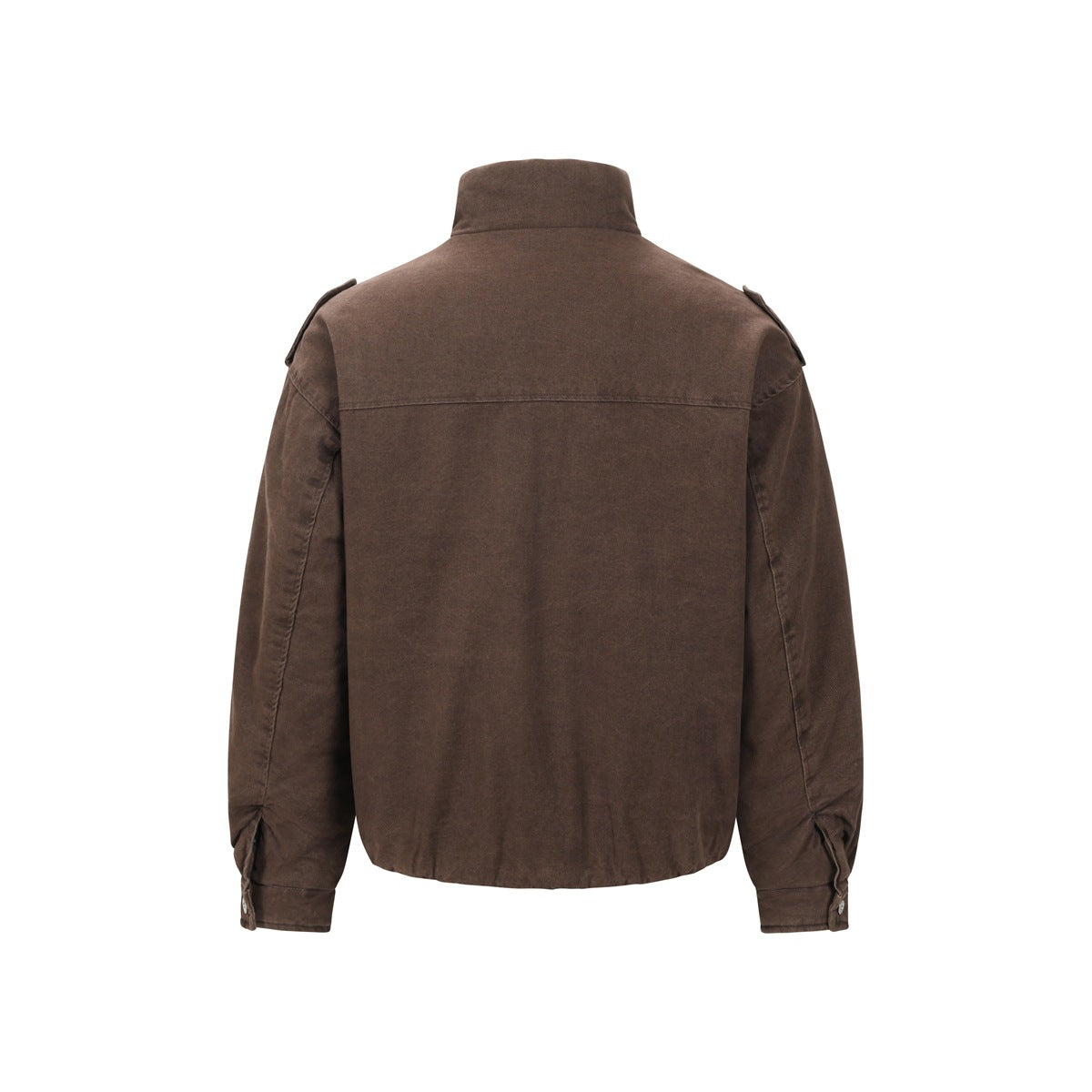 Back view of a brown high-collar jacket with shoulder tabs and long sleeves.