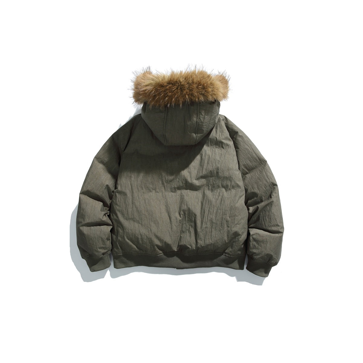 Back view of a dark olive-gray hooded jacket with tan faux-fur trim and ribbed cuffs and hem.