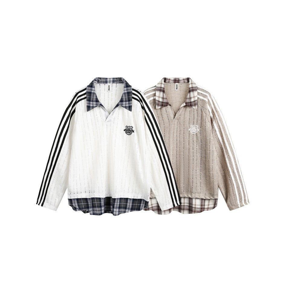 Two polo-style open-knit tops shown together: one white with black stripes and one taupe with white stripes.