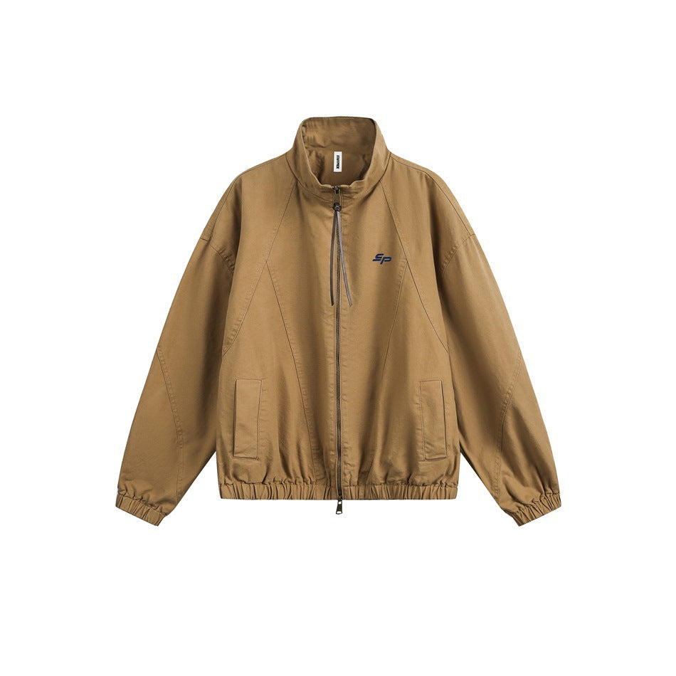Khaki stand-collar zip jacket with raglan sleeves, front pockets, elastic hem and cuffs, and a navy SP logo, flat front view