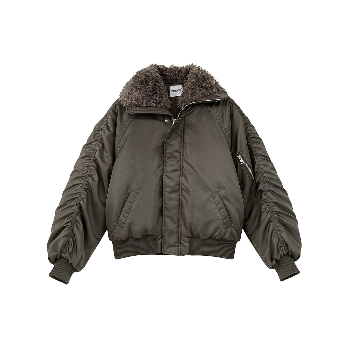 Army green bomber jacket flat lay with fleece-like collar, ruched sleeves, ribbed hem and sleeve zip pocket