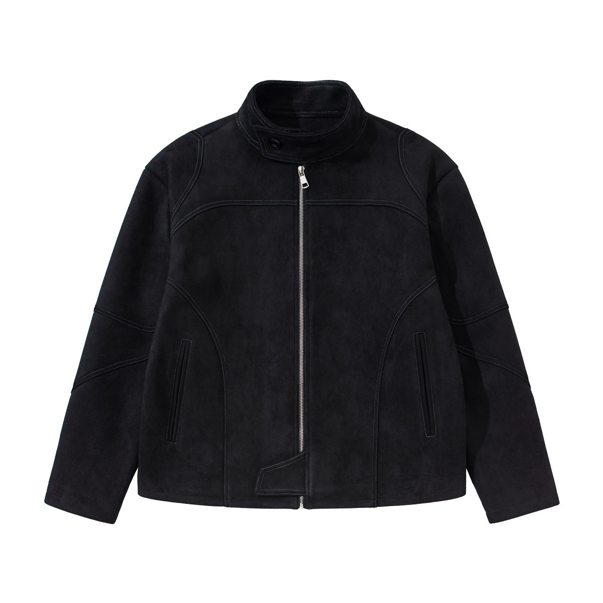 Black suede-look stand-collar zip jacket with contrast stitching, front flat view