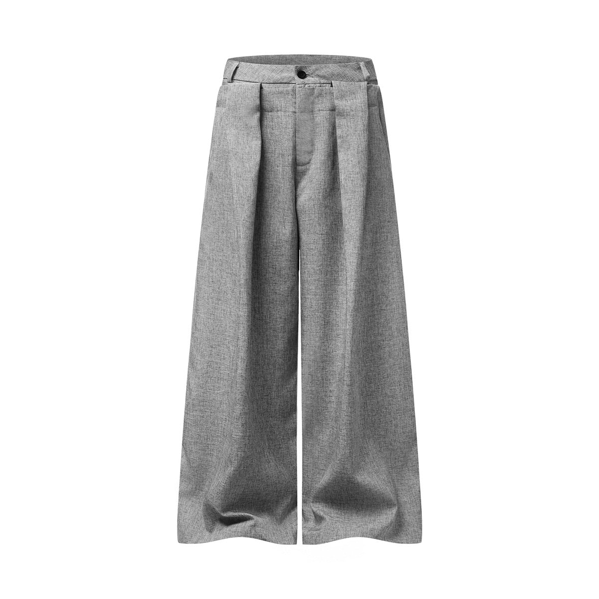 Light gray heathered wide-leg pleated trousers with button waistband, flat-lay front view