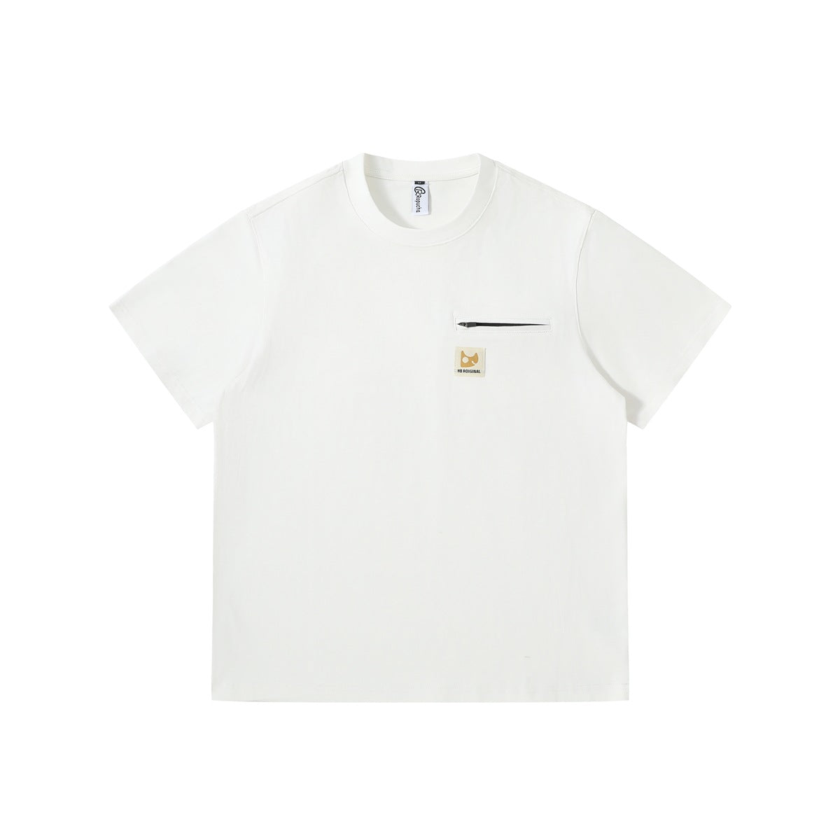 White short-sleeve crew-neck T-shirt with a horizontal zippered chest pocket and small square patch.